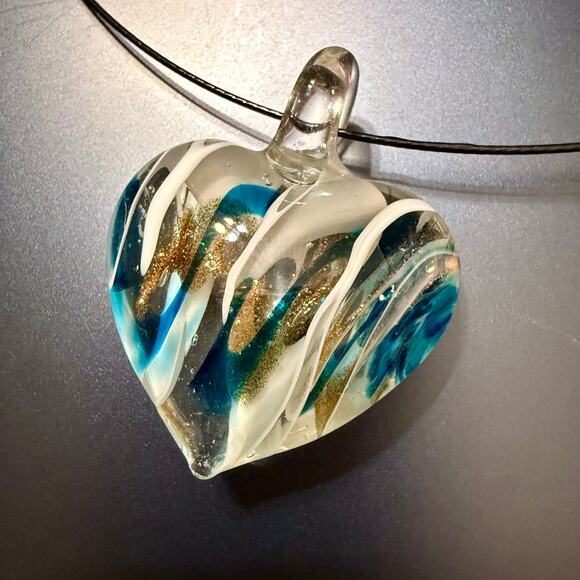 Unique Artisan Glass Heart-Shaped Blue White & Gold Pendant - Picture 1 of 8